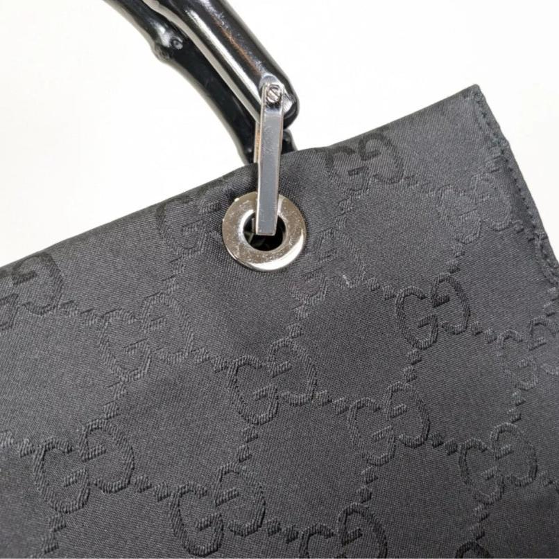 GUCCI GG Monogram Bamboo Handle Black Nylon Hand Bag