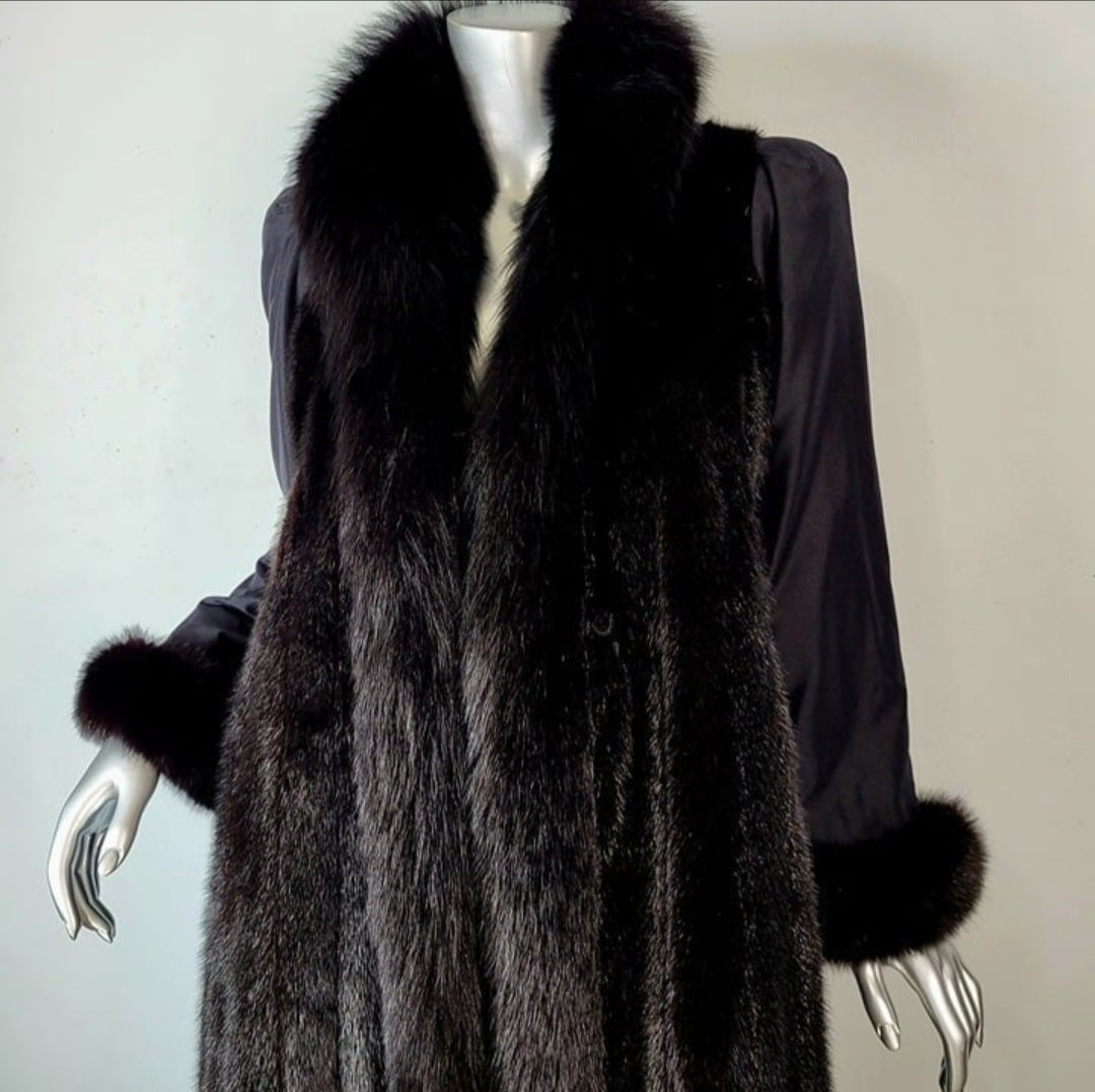 Black Ranch Mink Fur Coat with Fox Fur Trim