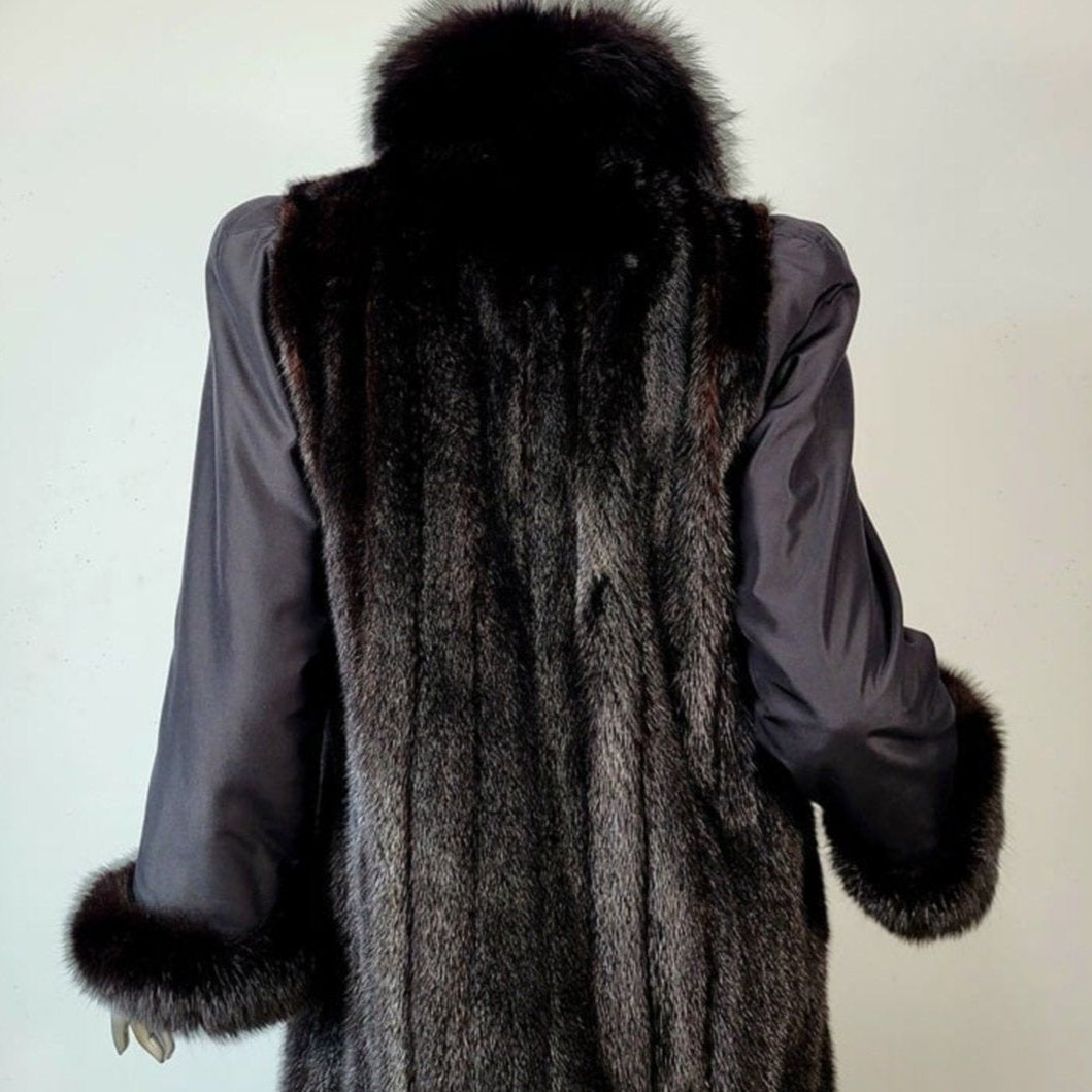 Black Ranch Mink Fur Coat with Fox Fur Trim