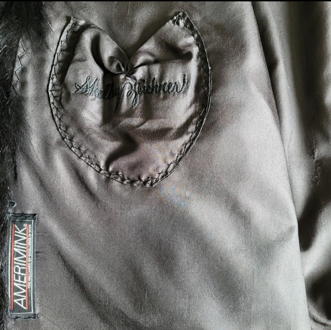 Black Ranch Mink Fur Coat with Fox Fur Trim