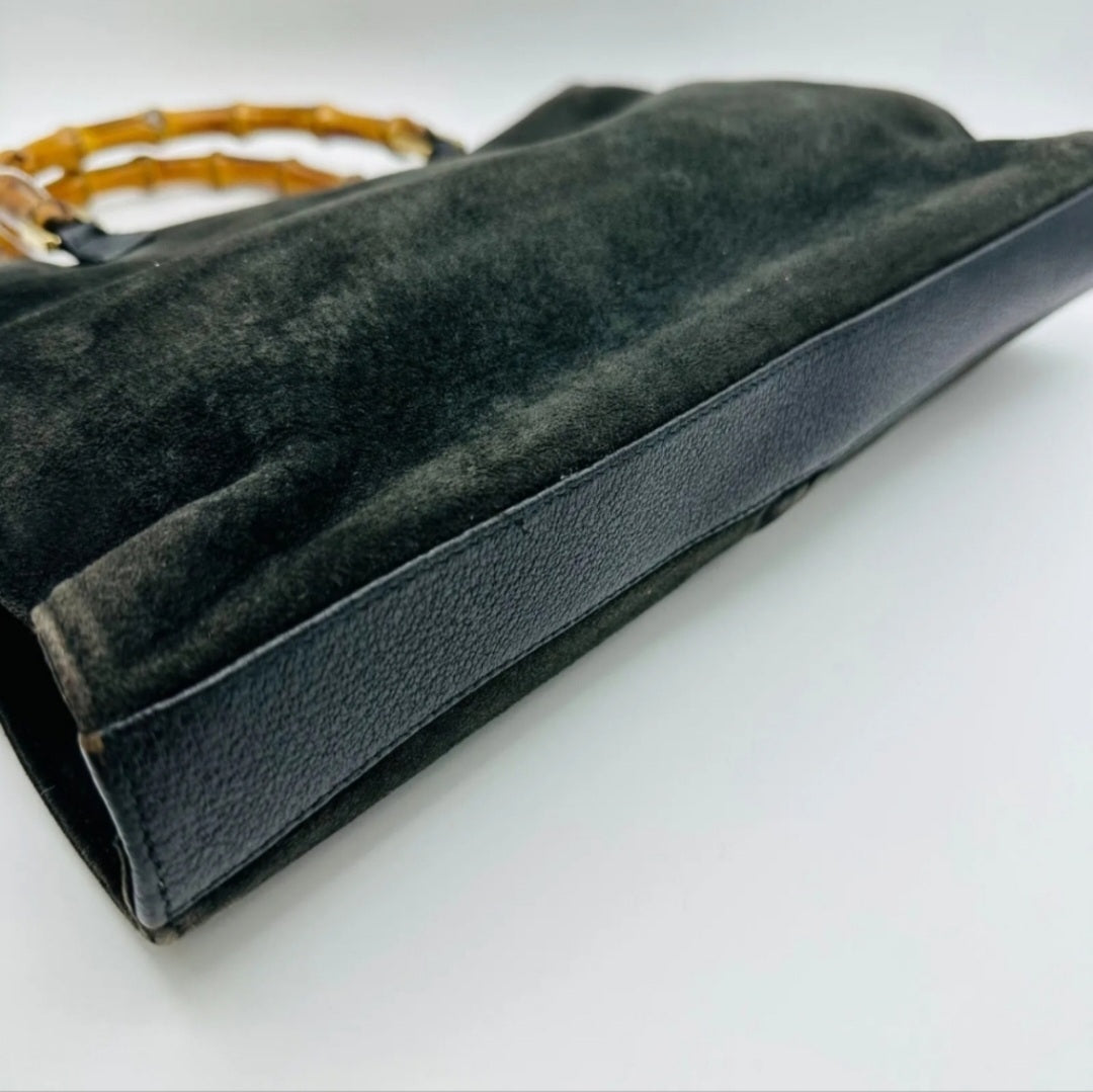 GUCCI Black Suede Bamboo Handle Satchel/Hand Bag