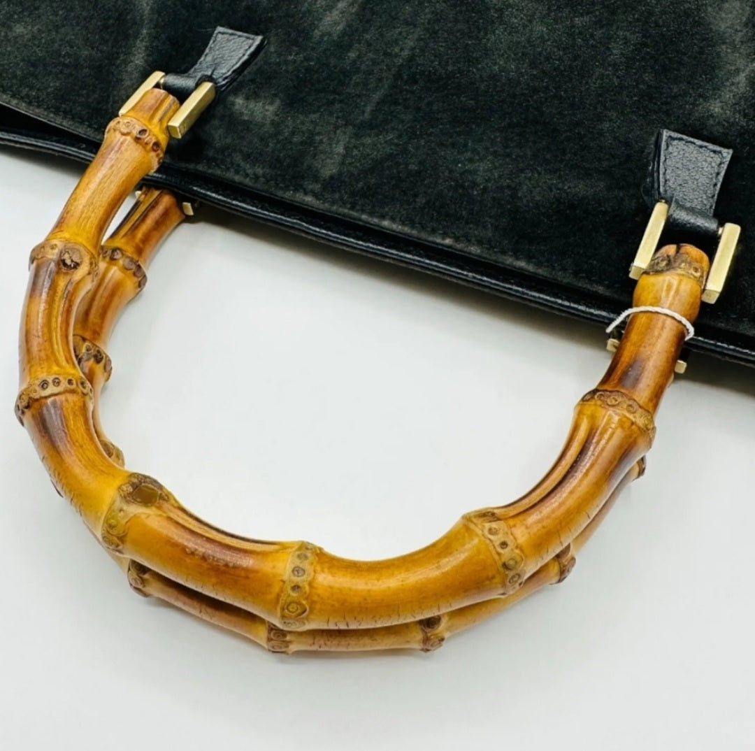 GUCCI Black Suede Bamboo Handle Satchel/Hand Bag