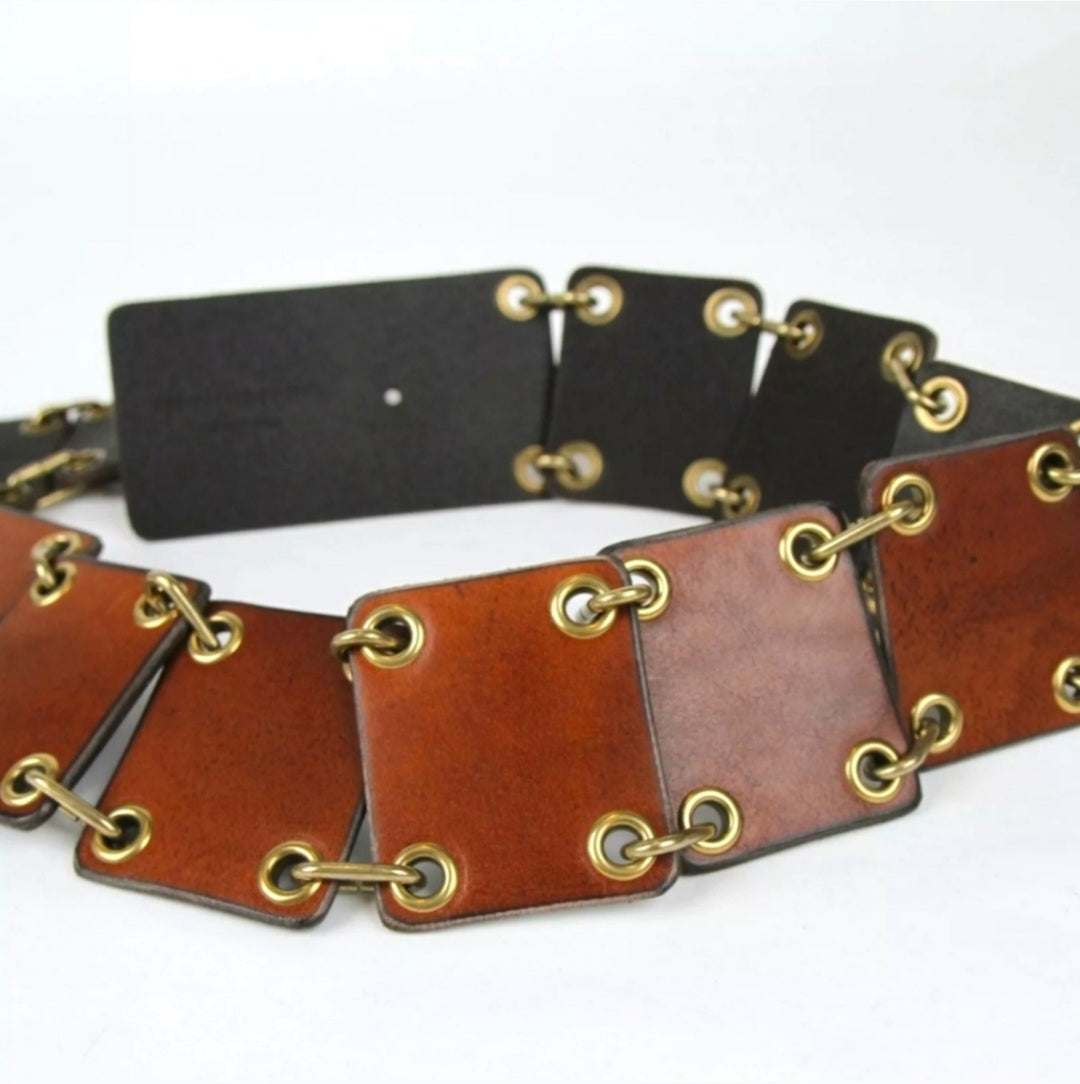 SAINT LAURENT Cognac Brown Leather and Chain Link Belt, Lion Buckle, Vintage Style, New
