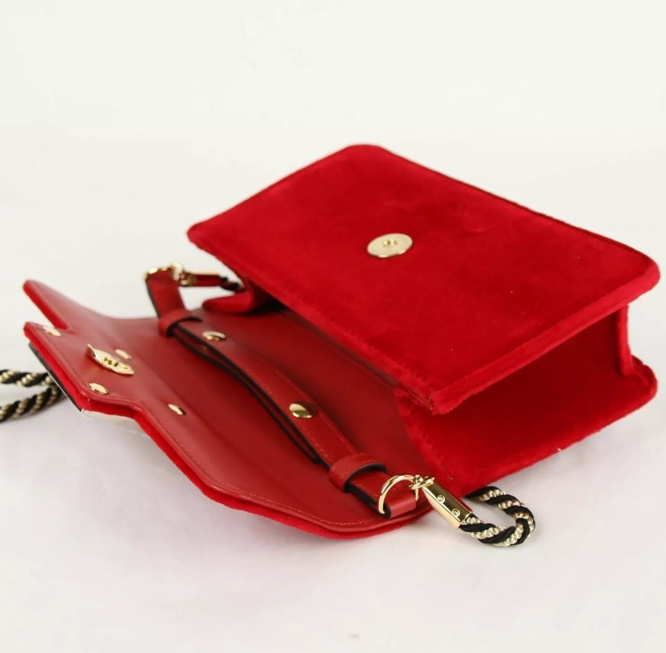 GUCCI Broadway Red Velvet and Leather Crystal Bag with Rope Strap, New